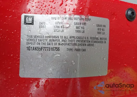 2007 Chevrolet Cobalt Ls из США, поврежденный, VIN 1G1AK55F777316756